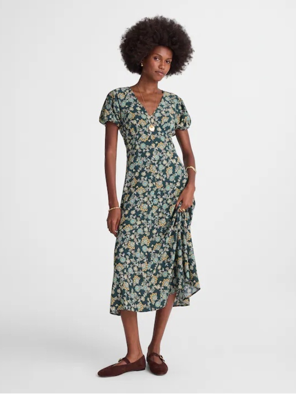 Madewell Seamed Puff-Sleeve Floral Midi Dress Blue Green size 12 flowy romantic